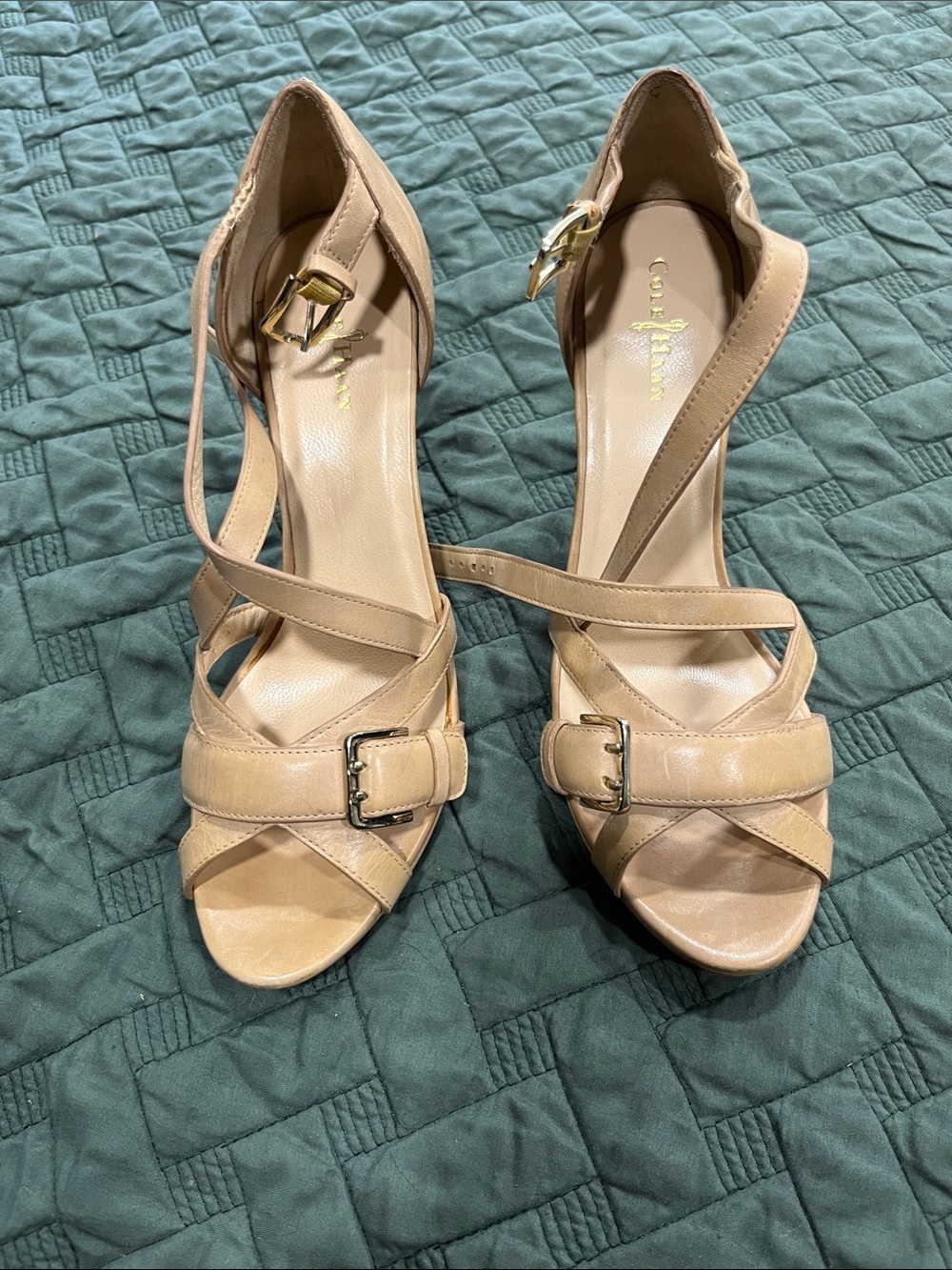 Cole Haan Nude Leather Criss Cross Buckle Strap Heels